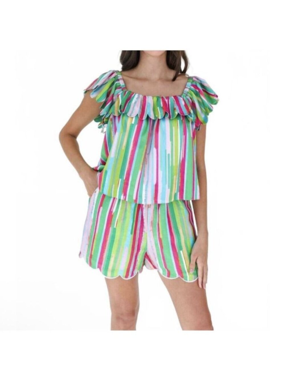 Mary George Quinn Top Draper Stripe Large Sleeveless Silk Linen Square Neck NWT